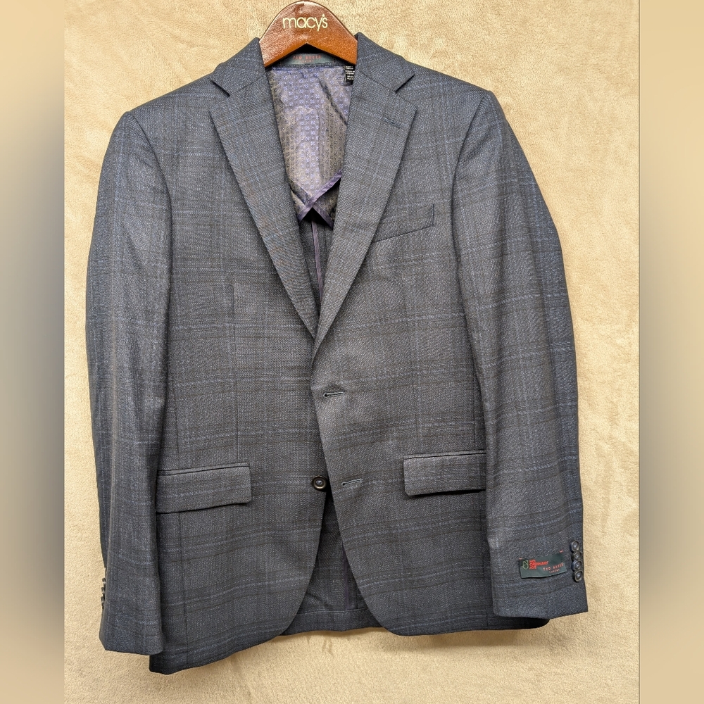 Ted Baker No Ordinary Joe Sport Coat Blazer Two Button Gray Blue Plaid Wool 38R